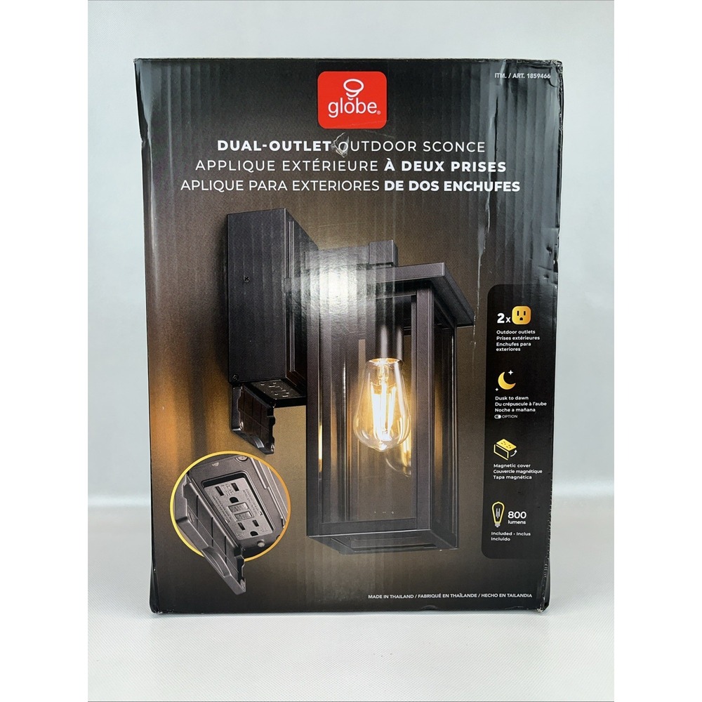 Globe Dusk to Dawn Outdoor Wall Light with 2 Outlets Black Waterproof Porch Lamp